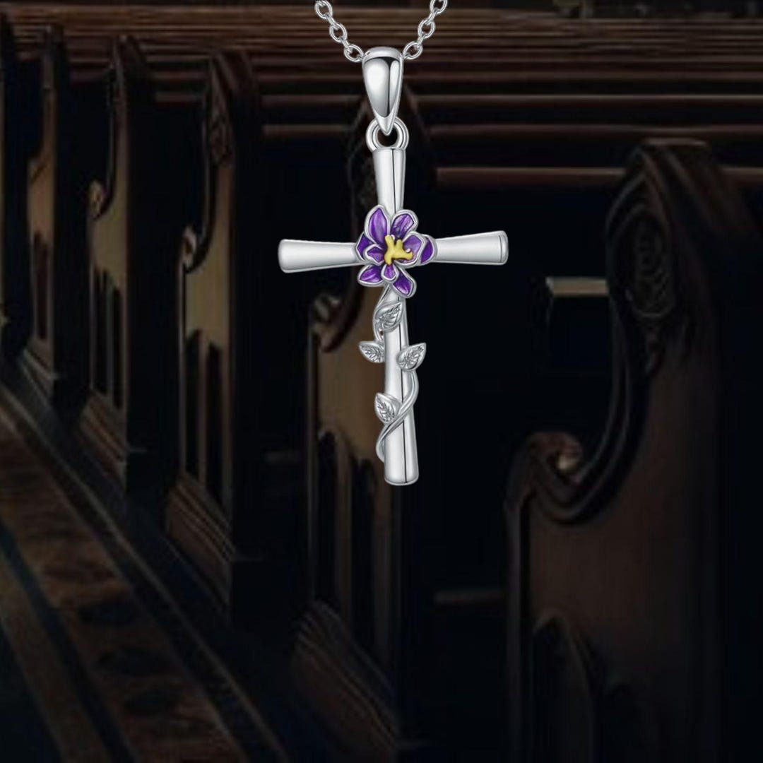 Violet Flower Cross Necklace for Women 925 Sterling Silver Christian ...