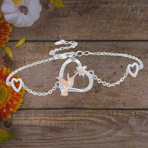 Hummingbird Bracelet Heart Flower Hummingbird Bracelet 925 Sterling Silver Flower Bird Adjustable Bracelet