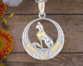 Bastet Necklace Egyptian Cat 925 Sterling Silver Necklace Ankh Eye of Horus Pendant Ancient Egypt Jewelry