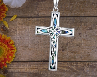 Celtic Knot Cross Necklace 925 Sterling Silver Cross Pendant Abalone Shell Christian Necklace Women