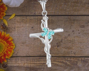 Butterfly Love Cross Necklace Crystal Sterling Silver Christian Pendant Necklace