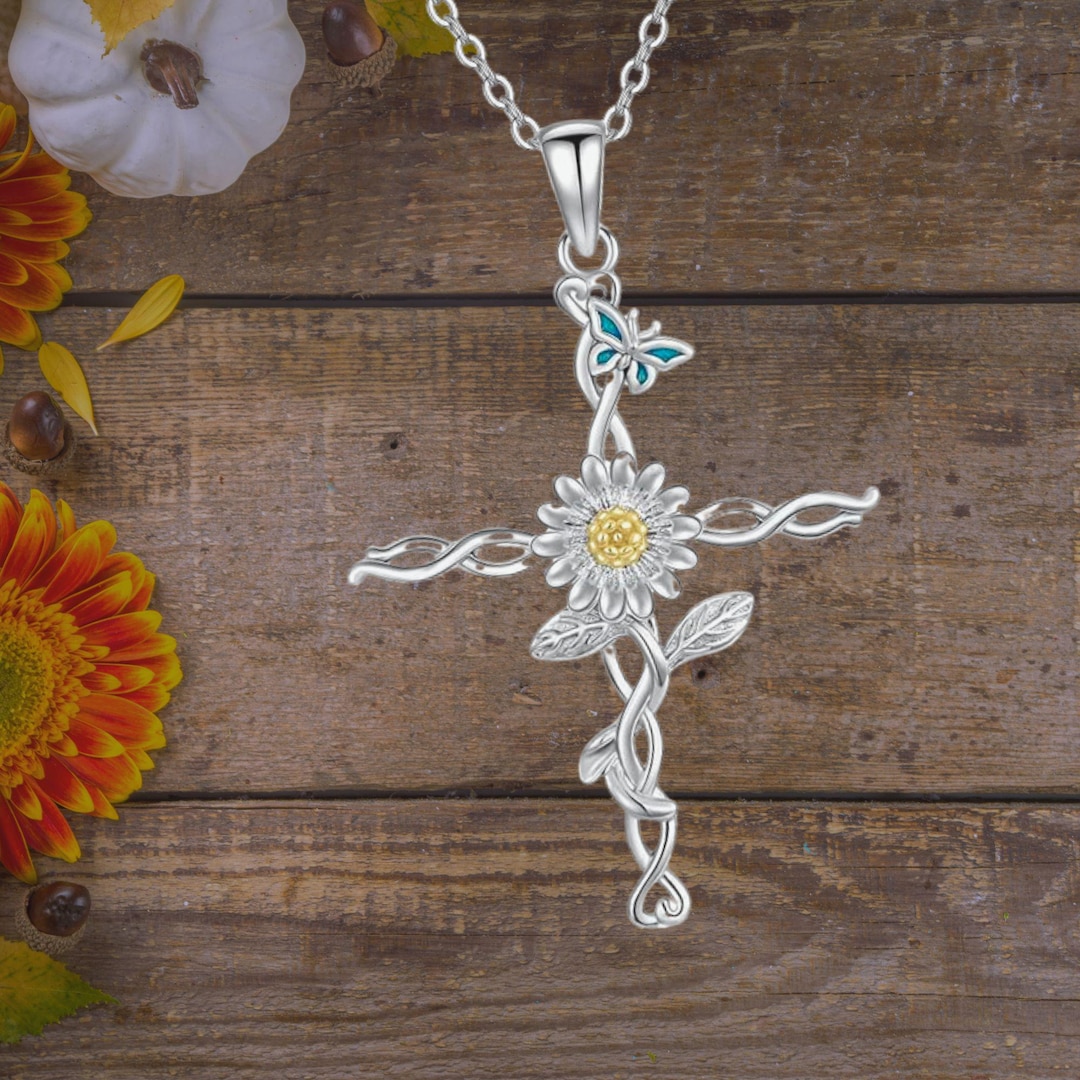 Collana con croce a forma di fiore di margherita Gioielli in argento sterling Collana con croce a forma di fiore - Italia