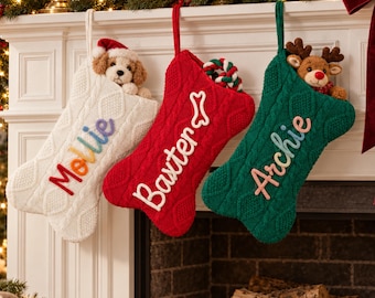 Personalized Pet Christmas Stocking | Dog Bone or Cat Paw Shape | Custom Embroidered Name | Knitted Holiday Decor | Gift for Pet Lovers