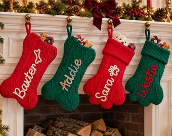 Personalized Pet Christmas Stocking | Dog Bone or Cat Paw Shape | Custom Embroidered Name | Knitted Holiday Decor | Gift for Pet Lovers