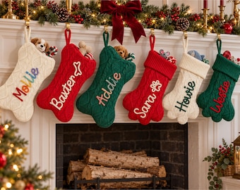 Personalized Pet Christmas Stocking | Dog Bone or Cat Paw Shape | Custom Embroidered Name | Knitted Holiday Decor | Gift for Pet Lovers