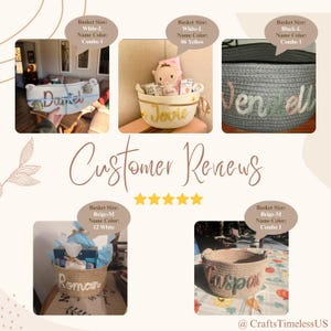 K&ouml;nnte beinhalten: Eine Collage personalisierter Seilk&ouml;rbe in verschiedenen Farben und Gr&ouml;&szlig;en. Jeder Korb hat einen Namen in einer Kontrastfarbe gestickt. Die K&ouml;rbe sind mit Geschenken gef&uuml;llt und werden als Kundenbewertungen pr&auml;sentiert.