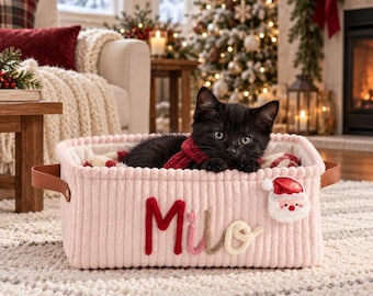 Christmas Basket for Pet Toys • Personalized Name Corduroy Storage Bin • Dog and Cat Organizer • Holiday Pet Gift