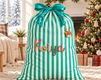 Personalized Large Striped Santa Sack, Custom Yarn Name Christmas Gift Bag, Reusable Holiday Present Sack for Kids
