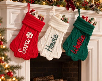 Personalized Pet Christmas Stocking | Dog Bone or Cat Paw Shape | Custom Embroidered Name | Knitted Holiday Decor | Gift for Pet Lovers