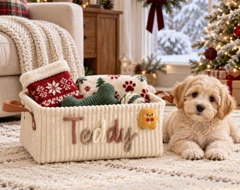 Christmas Basket for Pet Toys • Personalized Name Corduroy Storage Bin • Dog and Cat Organizer • Holiday Pet Gift