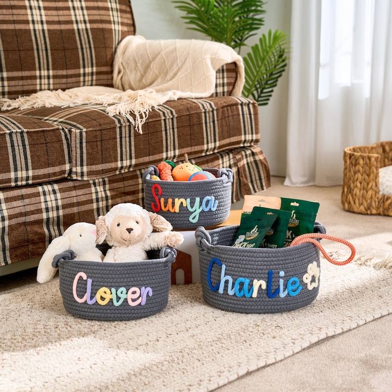 Personalisierter Spielzeugkorb für Hunde • Haustier Geschenk • Haustier Organizer • Handgemachtes I-cord Craft Bild 1