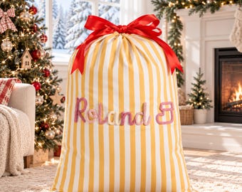 Personalized Large Striped Santa Sack, Custom Yarn Name Christmas Gift Bag, Reusable Holiday Present Sack for Kids