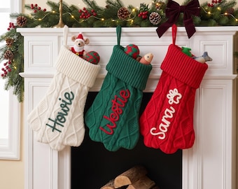 Personalized Pet Christmas Stocking | Dog Bone or Cat Paw Shape | Custom Embroidered Name | Knitted Holiday Decor | Gift for Pet Lovers