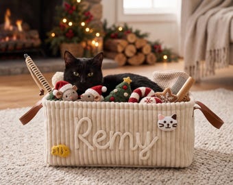 May include: A cream-colored corduroy storage basket with brown faux leather handles. The name Remy is embroidered in white script on the front, accompanied by a small cat face patch and a yellow fish. A black cat sits inside with toys.