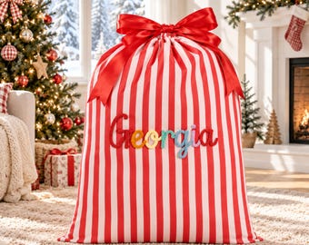 Personalized Large Striped Santa Sack, Custom Yarn Name Christmas Gift Bag, Reusable Holiday Present Sack for Kids