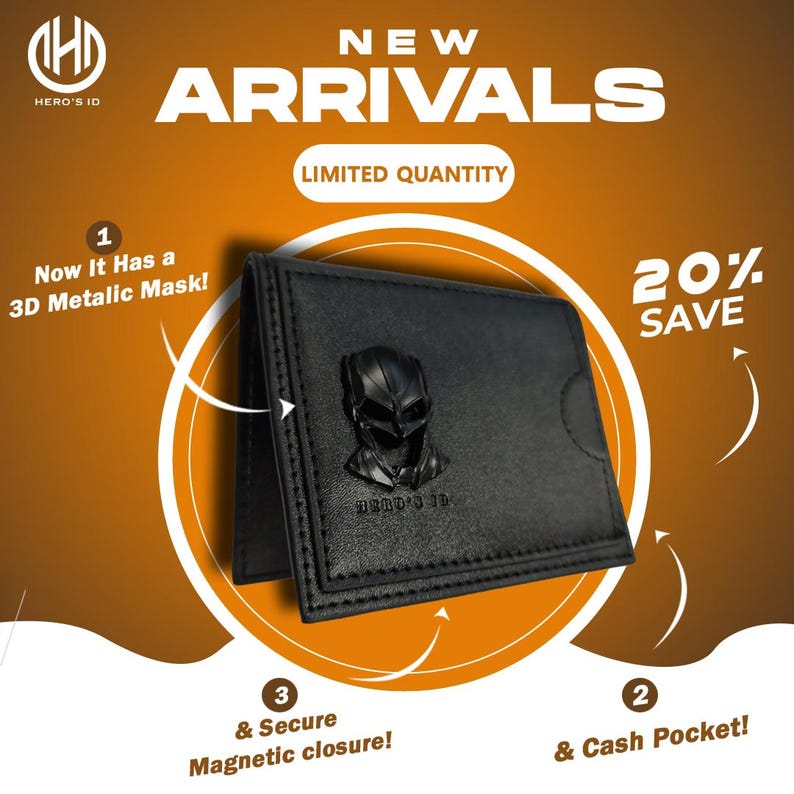 May include: Black leather wallet with a 3D metallic mask design. It has a magnetic closure and a cash pocket. "Now It Has a 3D Metalic Mask!" and "20% SAVE" are written on the image.