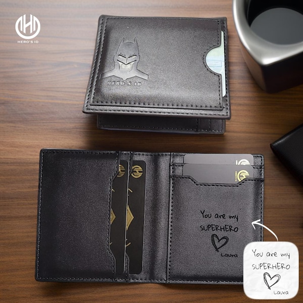 Bat ID Wallet - Personalized Leather Wallet for Men Unique Gift for Him Anniversary Birthday Valentine's Day for Husband Boyfriend Father