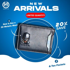 May include: A black leather wallet with a 3D metal Batman mask on the front. The wallet has two pockets and is 20% off.  "Now It Has a 3D Metalic Mask!" and "& Two Pockets" are written on the image.