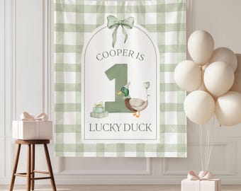 One Lucky Duck Birthday Banner, Duck Party Decorations, First Birthday Theme, Welcome Sign, Mallard Duck Milestone Sign