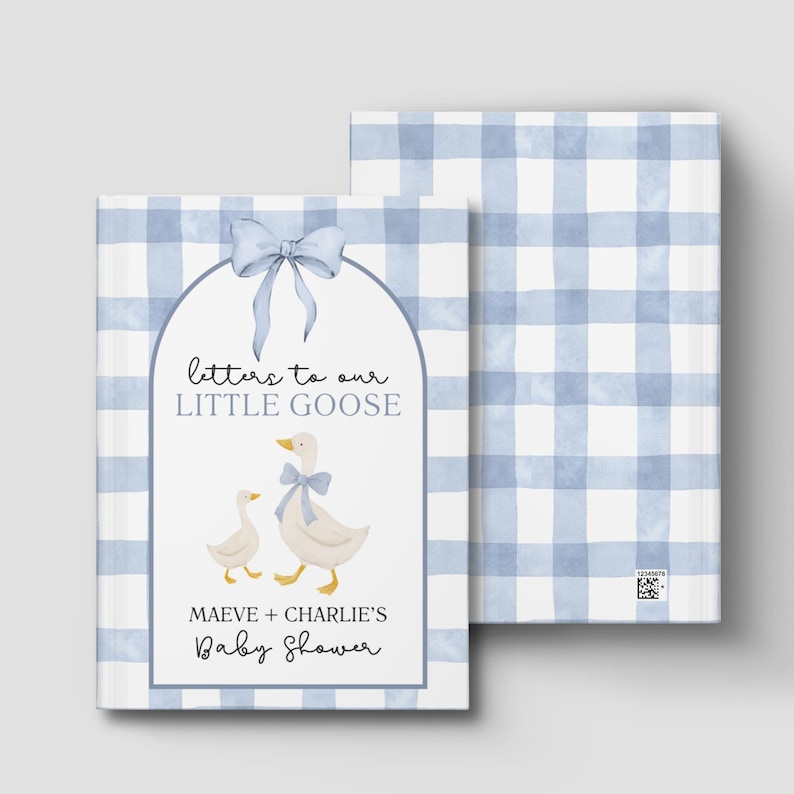 May include: A baby shower guest book with a blue gingham pattern and a watercolor illustration of a goose and gosling. The cover reads "Letters to our Little Goose" and "Maeve + Charlie's Baby Shower".