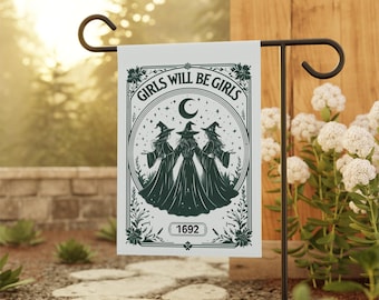Girls Will Be Girls Witch Flag, Vintage Spooky Garden Decor, Feminist Halloween Banner, Coven Witches Sign, Outdoor Witch
