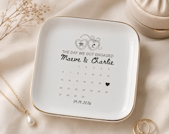 Custom Engagement Ring Dish, Bride Jewelry Dish, Newly Engaged Gift, Proposal Keepsake, Personalized Ceramic Trinket Tray