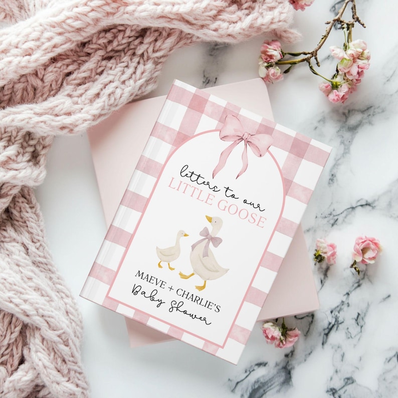 May include: A baby shower guest book with a pink gingham pattern and the words "letters to our LITTLE GOOSE". The cover features illustrations of two geese with bows and the names "Maeve + Charlie's Baby Shower".