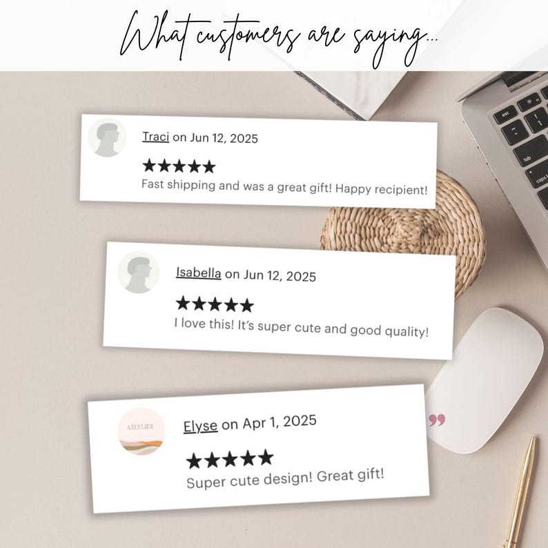 May include: Image of customer reviews on a light beige background. The reviews are in white rectangular boxes with a gray avatar and star ratings. The text reads: "What customers are saying..." and includes customer comments.