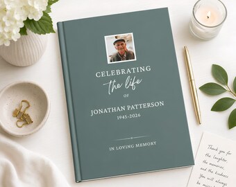 Memorial Guest Book With Photo, Personalized Funeral Guest Sign in, Celebration of Life Keepsake, Remembrance Ceremony, Hardcover Guestbook