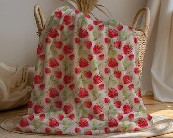 Whimsical Strawberry Girl Blanket - Preppy Picnic Throw - Cute Cottagecore Decor - Gift For Strawberry Lovers