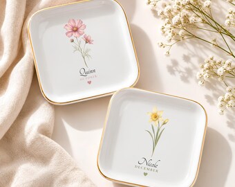 Personalized Birth Month Flower Ring Dish Trinket Tray, Watercolor Floral Birthday Wedding Bridesmaid Gift
