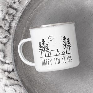 Happy Tin Years Mug, Custom 10 Year Anniversary Gift, Personalized Camp Mug for Couples, Unique Keepsake Idea