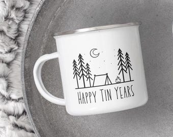 Happy Tin Years Mug, Custom 10 Year Anniversary Gift, Personalized Camp Mug for Couples, Unique Keepsake Idea