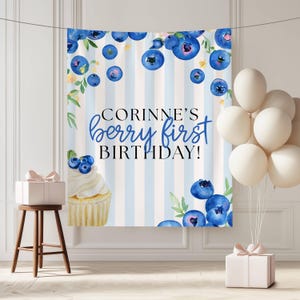 Eerste verjaardagsbanner bosbes, snoepfeestje bosbes, feestdecor bosbes, feesttapijt verjaardagsfeestje bessen, themafeestje bosbes