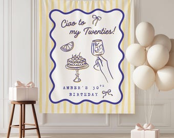 Italian Themed Photo Backdrop, 30th Birthday, Ciao to my 20s, Amalfi Coast, Custom Tapestry for Birthday Party Decor, Personalized Banner