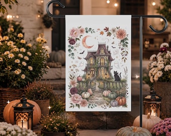 Preppy Halloween Garden Flag, Cute Ghost Decor For Spooky Porch, Gift For Cat Person, Fall Garden Accent