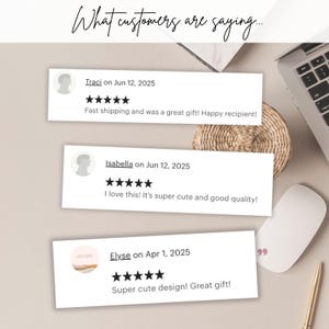 May include: Image of customer reviews on a light beige background. The text "What customers are saying..." is at the top. Three reviews are visible, each with a customer name, date, and a 5-star rating. The reviews mention fast shipping, great gifts, and cute designs.