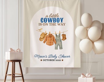 A Little Cowboy is On The Way Baby Shower Banner Western Decor, Cowboy Clothesline Party Supplies, Baby Boy Celebration Photo Backdrop