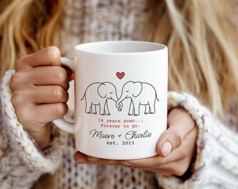 14th Anniversary Gift for Him, Personalized Ivory Elephant Keepsake Mug, Unique Wedding Present for Couples