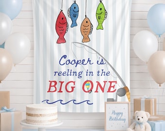 Reelin in the Big One Birthday Banner, Personalized First Birthday Backdrop, Fishing Party Decor, Custom Ofishally One Sign