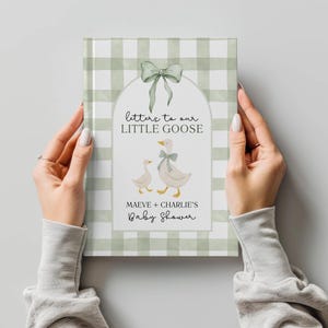 May include: A baby shower guest book with a green and white gingham pattern. The cover features an illustration of two geese and the text "letters to our LITTLE GOOSE". The book is held by two hands.