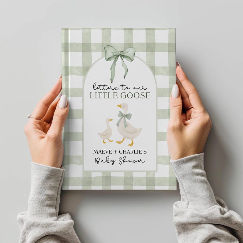 May include: A baby shower guest book with a green and white gingham pattern. The cover features an illustration of two geese and the text "letters to our LITTLE GOOSE". The book is held by two hands.