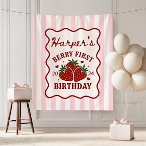 Berry First Birthday Tapestry, Strawberry Party Decor, Custom Name Banner, 1st Birthday Backdrop, Sweet Berry Girl Celebration Sign