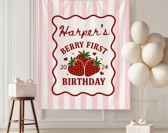 Berry First Birthday Tapestry, Strawberry Party Decor, Custom Name Banner, 1st Birthday Backdrop, Sweet Berry Girl Celebration Sign