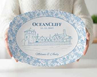 Assiette de mariage personnalisée, plateau bleu et blanc, cadeau souvenir personnalisé pour couples, décoration de douche nuptiale unique, assiette de fiançailles