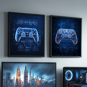 May include: A gaming setup featuring a black computer case, a monitor displaying a futuristic city skyline, a keyboard, a mouse, and two framed prints of video game controllers. The setup is on a wooden desk with a black gaming chair in the foreground.