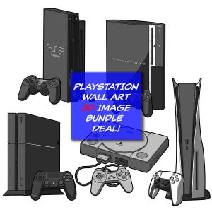 May include: Black and gray illustration of PlayStation consoles and controllers. The image includes PS2, PS3, PS4, PS5 consoles, and original PlayStation. The image has the text "PlayStation Wall Art 30 Image Bundle Deal!"