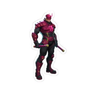 May include: A sticker depicting a character in a red and black armoured suit, with a mask and two batons. The character has a stylized design with a prominent "D" emblem on the chest. The sticker has a white border.