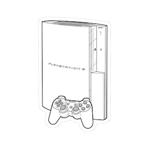 May include: A black and white line drawing of a PlayStation 3 console and a controller. The console has the text "PLAYSTATION 3" on the front and the word "SONY" on the side. The controller has the word "SONY" on the top.