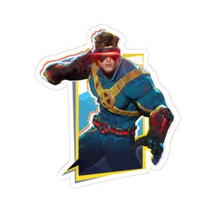 May include: A die-cut sticker featuring a comic book character wearing a blue tactical suit with gold harness straps, a red visor, and black gloves. The character is posed dynamically against a yellow and blue geometric frame with a glitch effect.